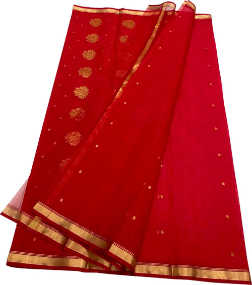 Red Chanderi Katan Silk Saree Handloom Weave Festive