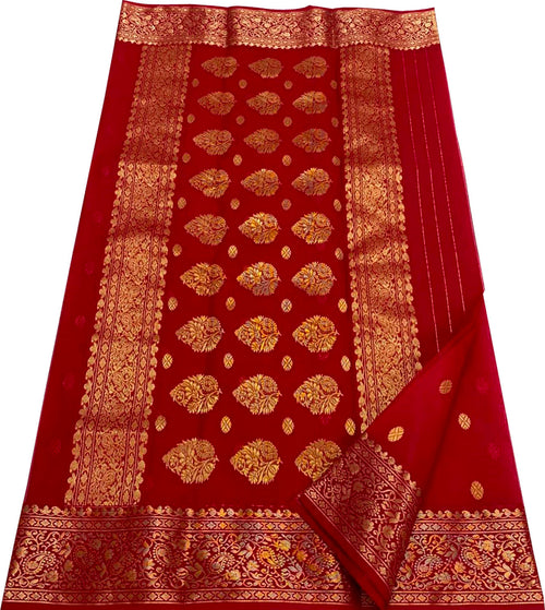 Red Chanderi Katan Silk Saree Handloom Weave Festive