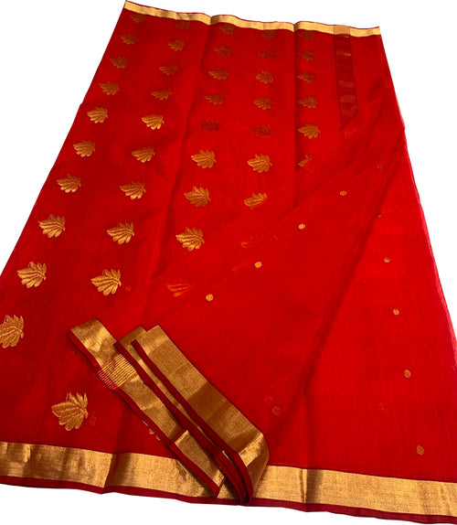Red Chanderi Pure Katan Silk Saree Handloom Weave Festive