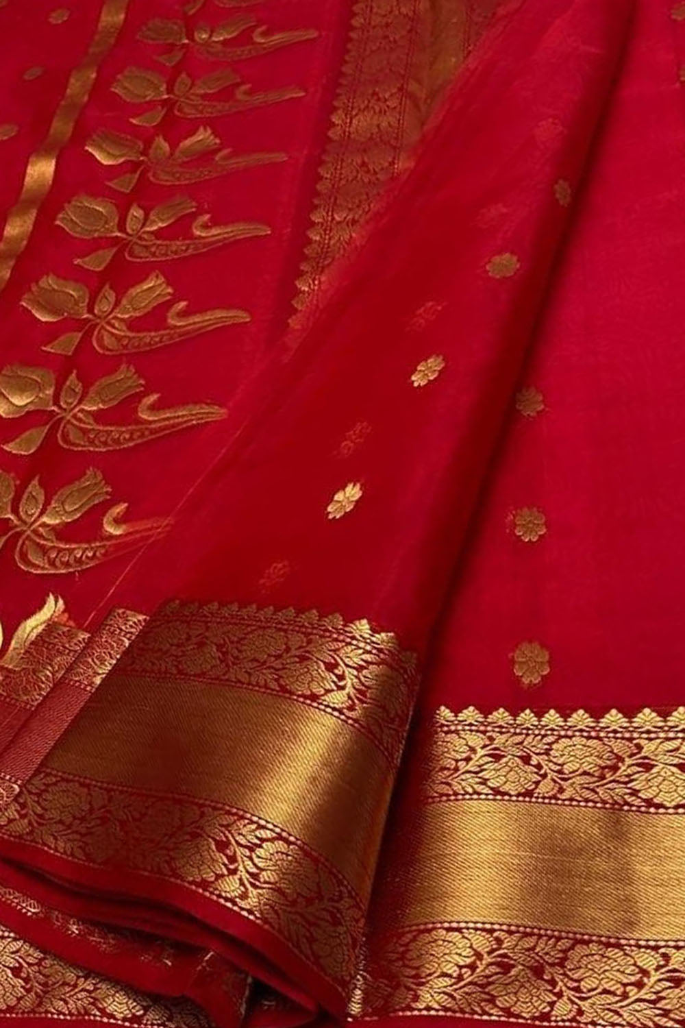 Red Chanderi Handloom Pure Katan Silk Saree