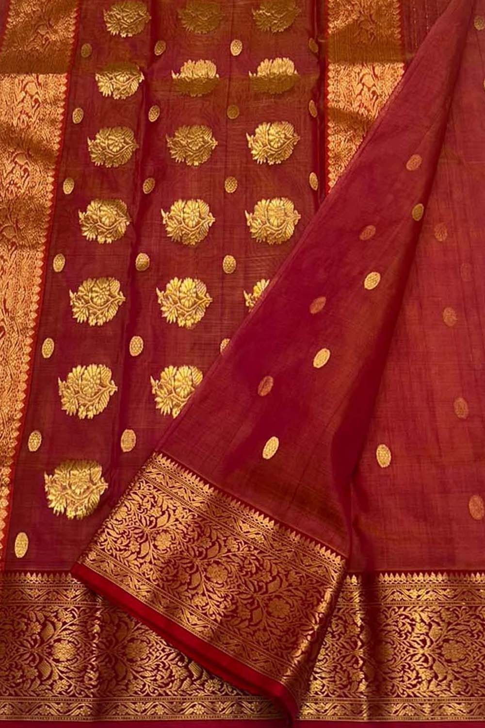 Red Chanderi Handloom Pure Katan Silk Saree