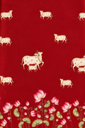 Red Digital Pichwai Printed Modal Satin Fabric