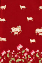 Red Digital Pichwai Printed Modal Satin Fabric