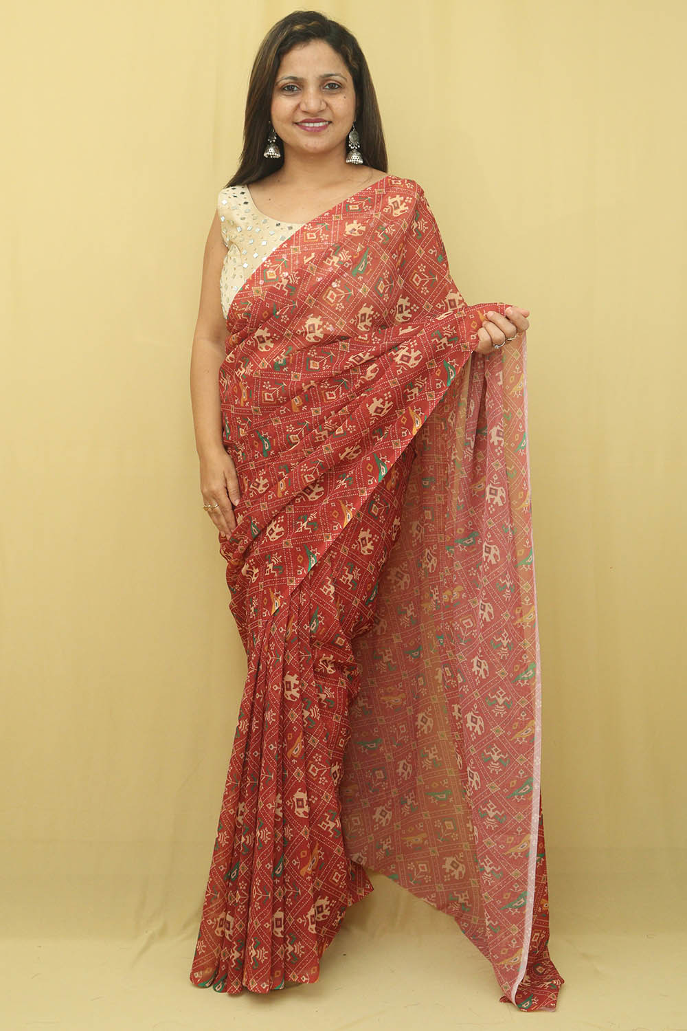 Red Digital Printed Georgette Patola Design Saree - Luxurion World