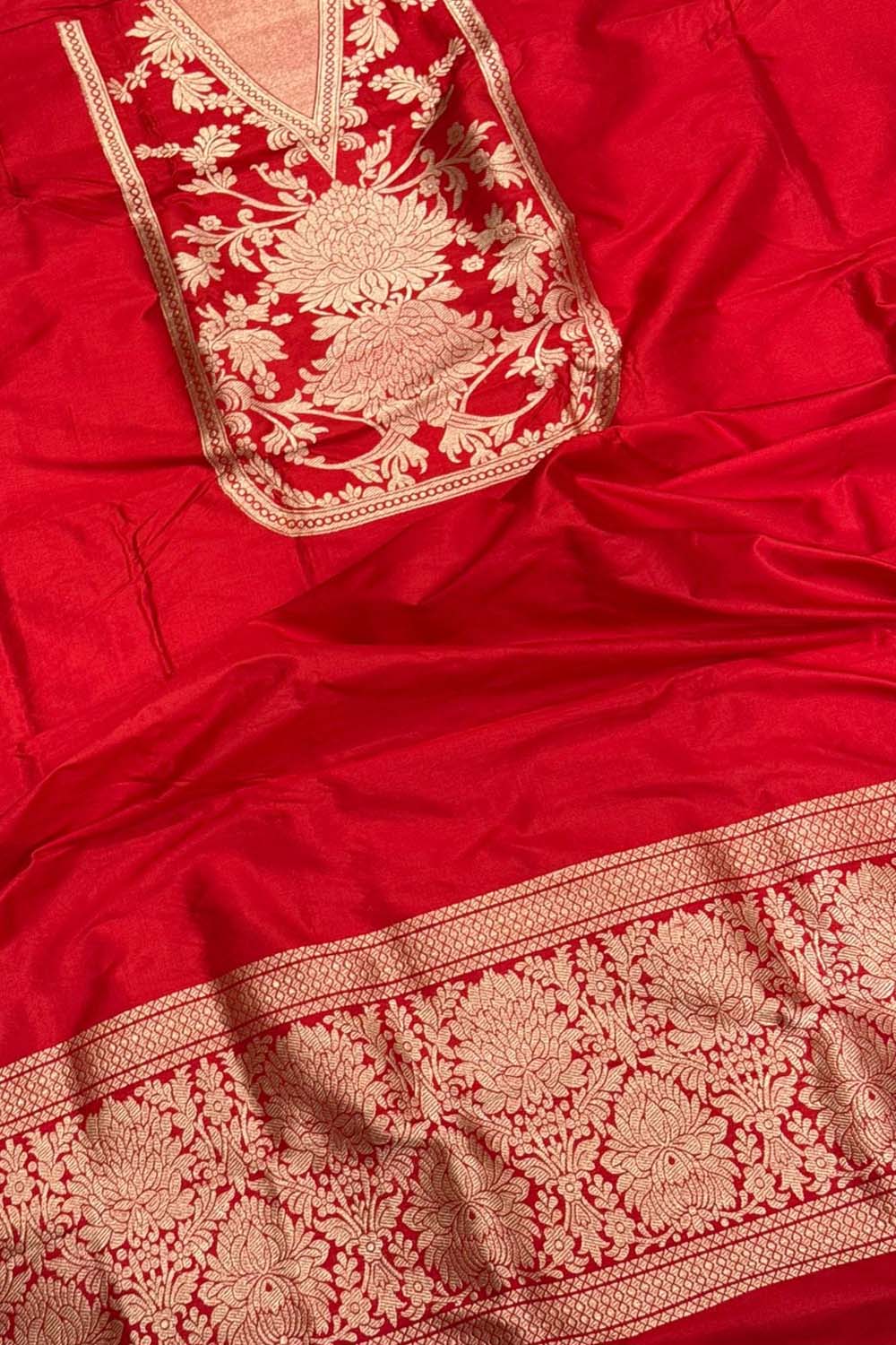Red Banarasi Handloom Pure Katan Silk Cordset — Gold Zari Jaal, Bridal