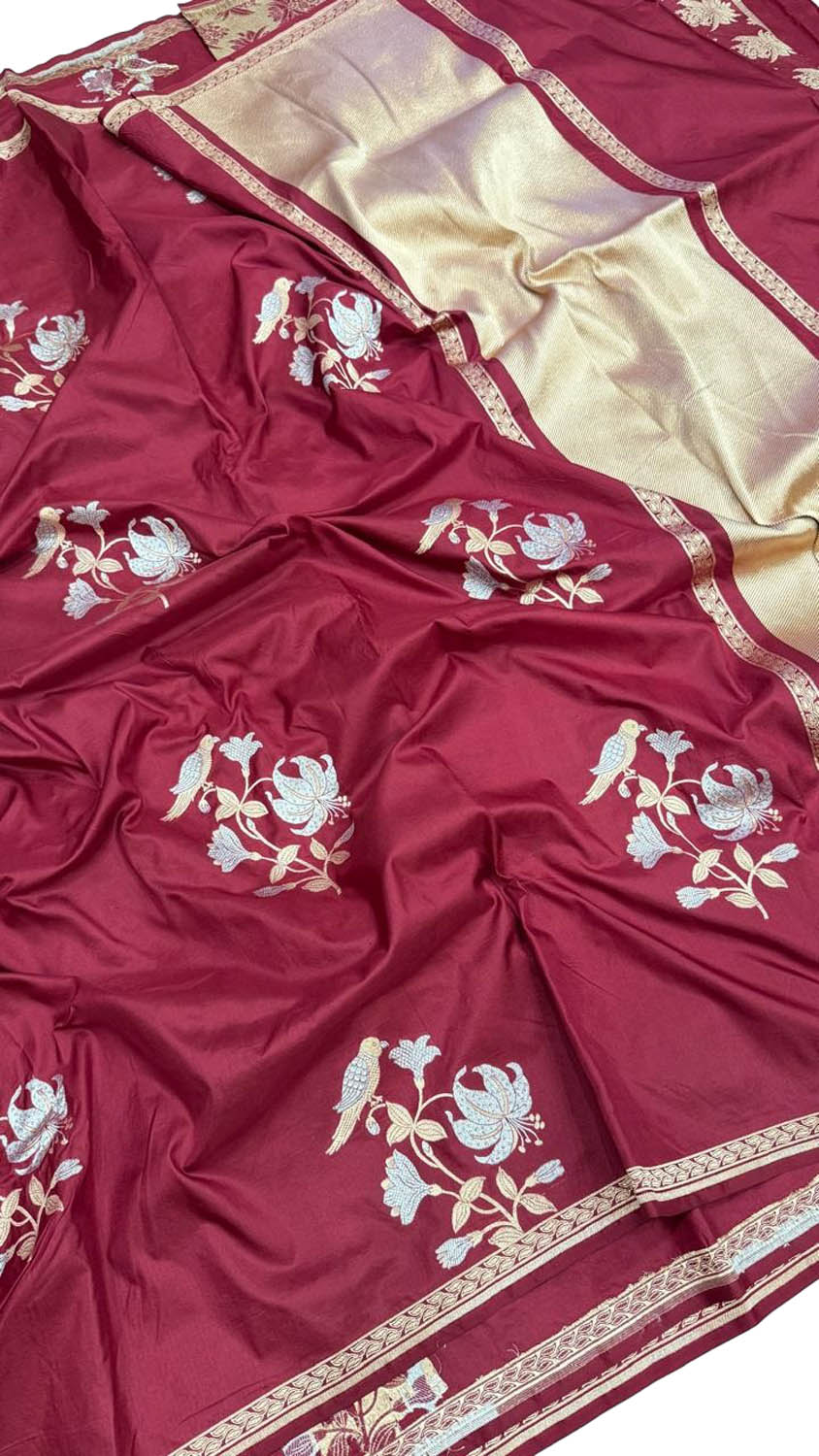 Maroon Banarasi Pure Katan Silk Saree — Sona Roopa Bird & Flower Design, Bridal