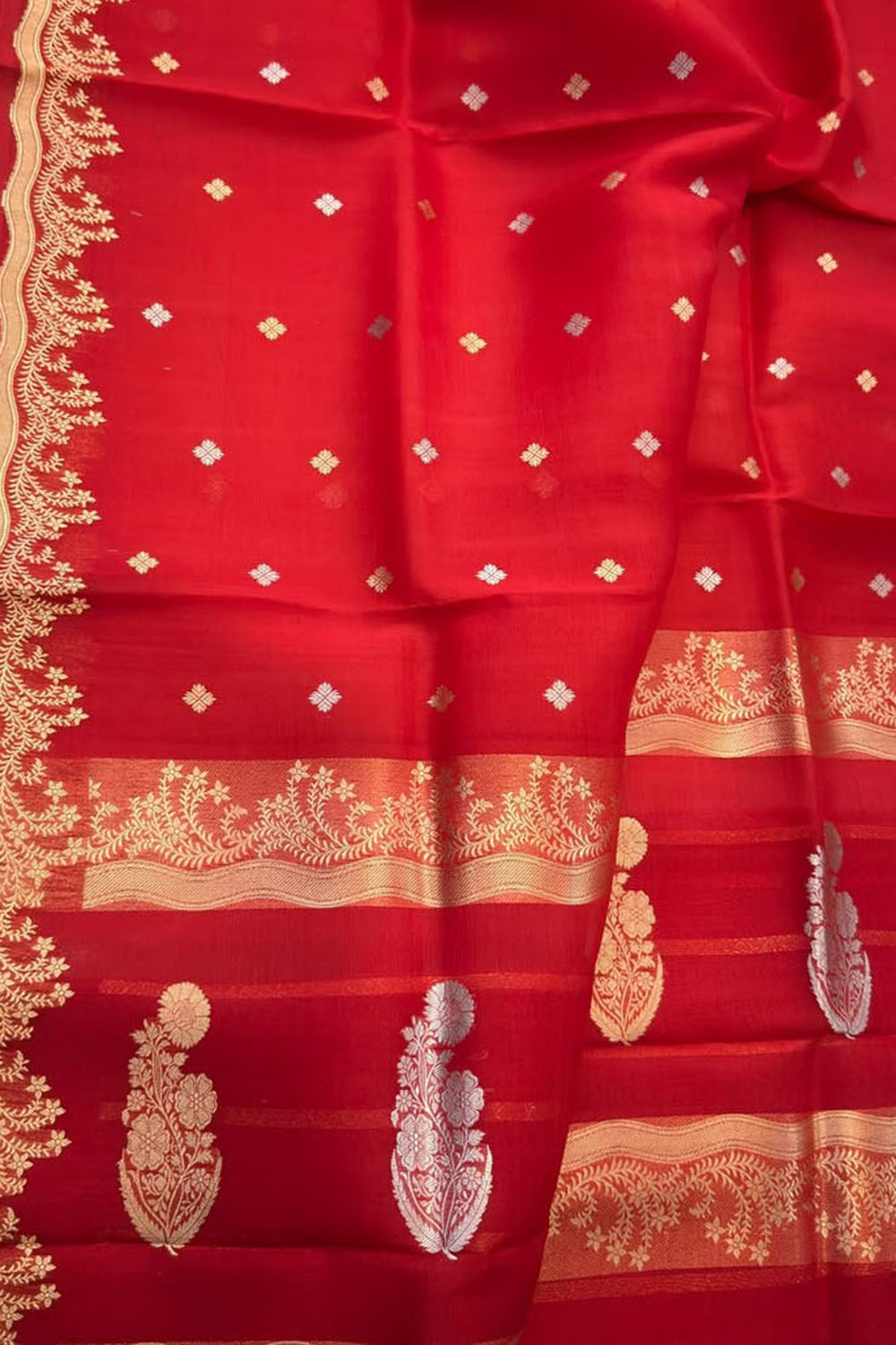 Red Handloom Banarasi Pure Kora Organza Saree