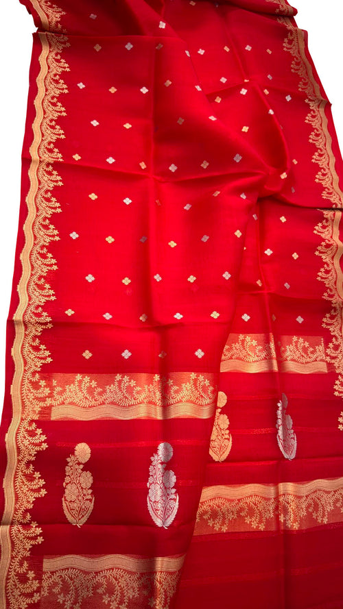 Red Handloom Banarasi Pure Kora Organza Saree