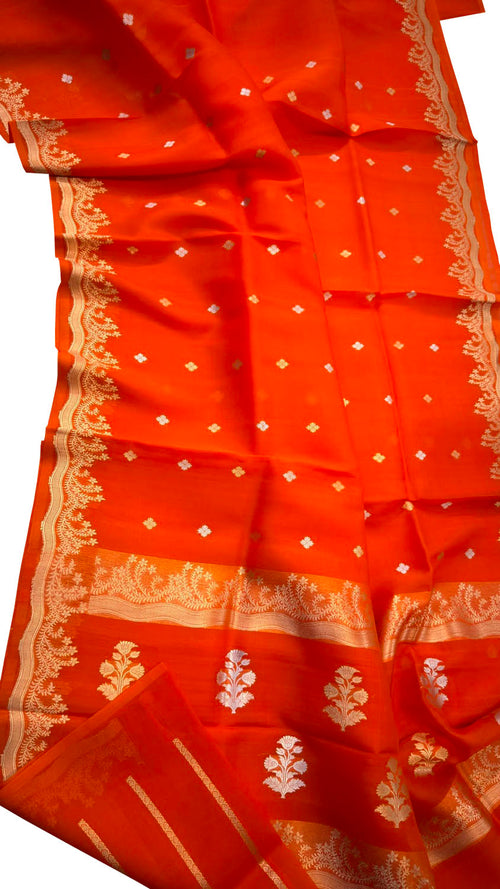Red Handloom Banarasi Pure Kora Organza Saree