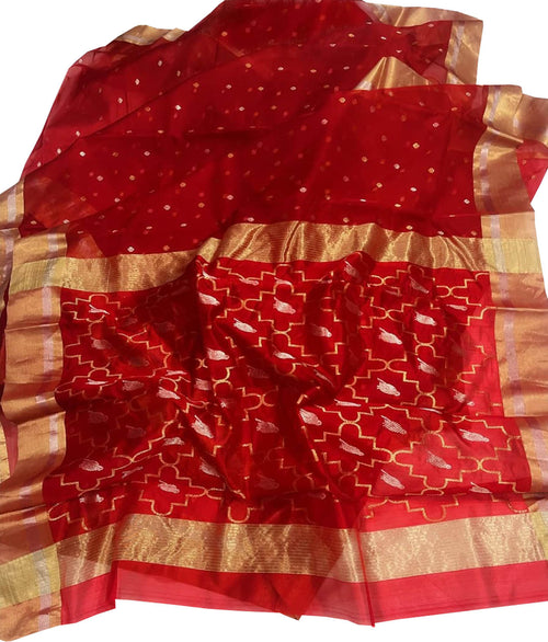 Red Handloom Chanderi Katan Organza Silk Saree