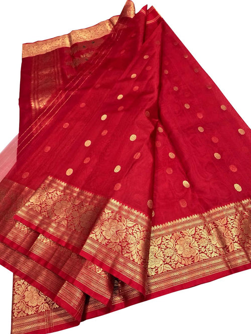 Red Handloom Chanderi Katan Organza Saree — Sheer Weave, Bridal