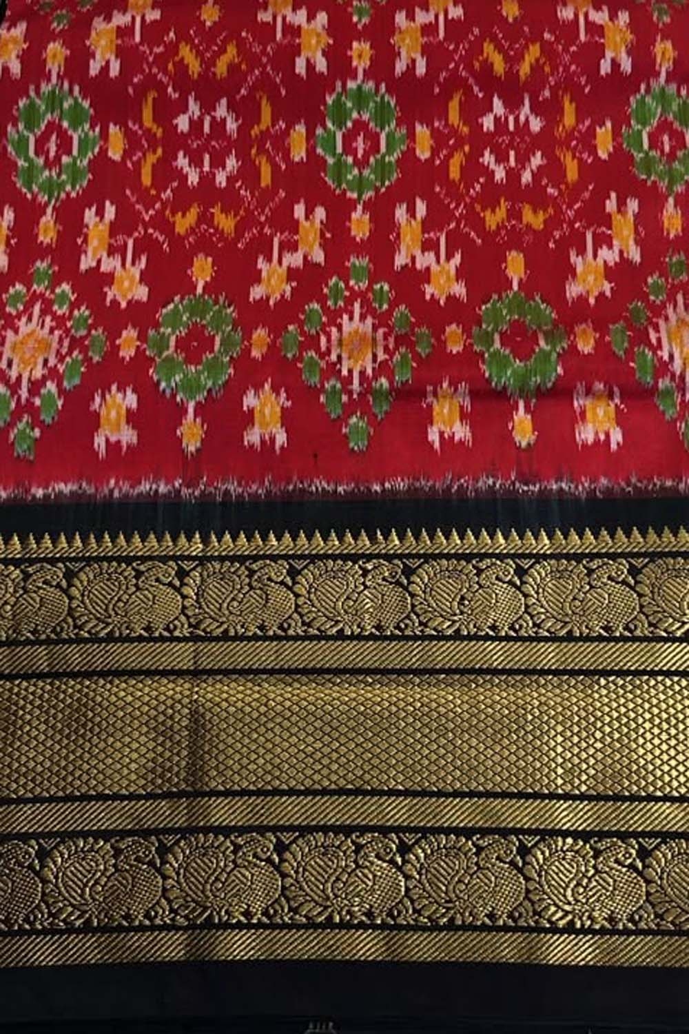Red Ikat Pure Silk Saree Handloom Woven Kanjeevaram Border
