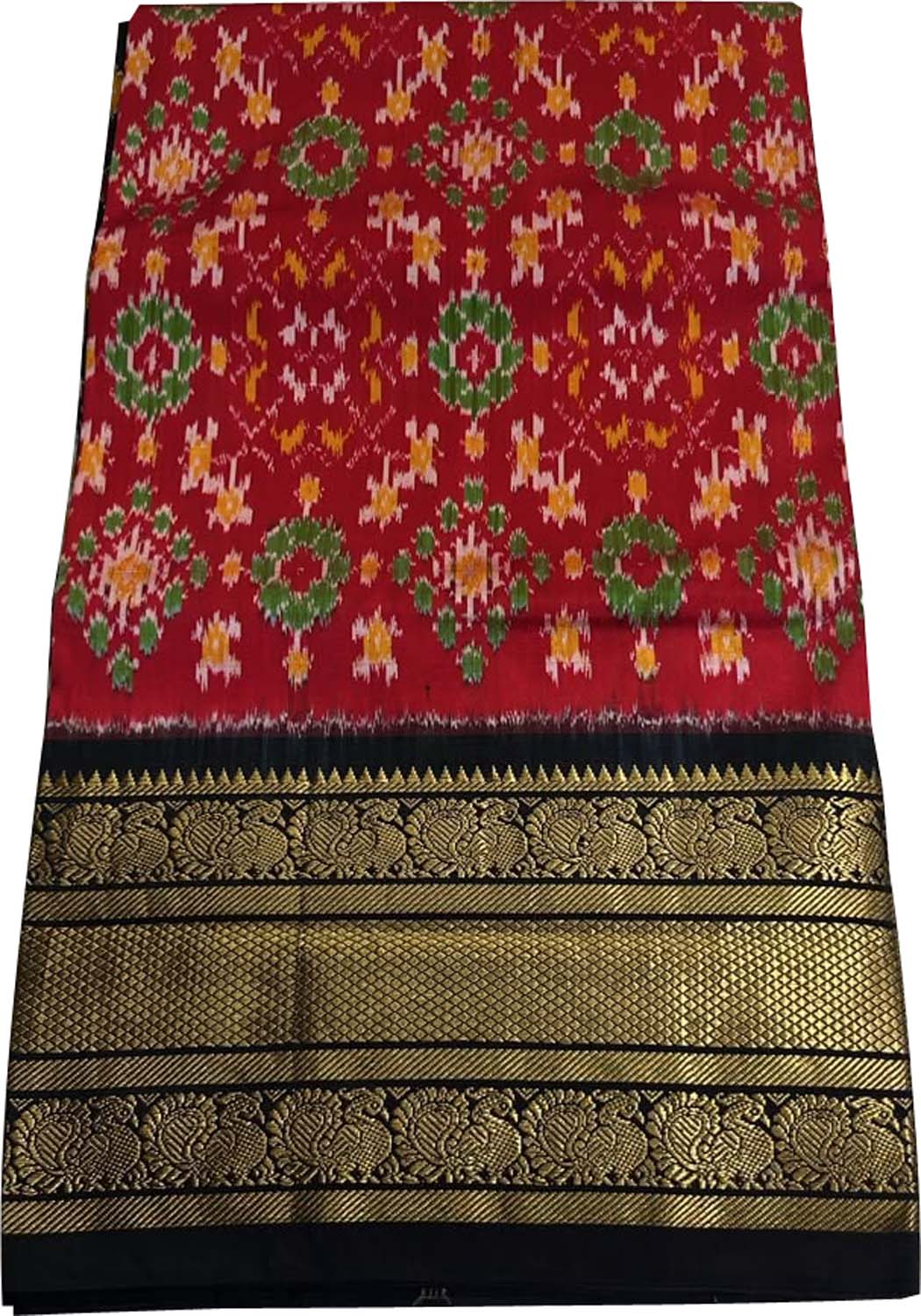 Red Ikat Pure Silk Saree Handloom Woven Kanjeevaram Border