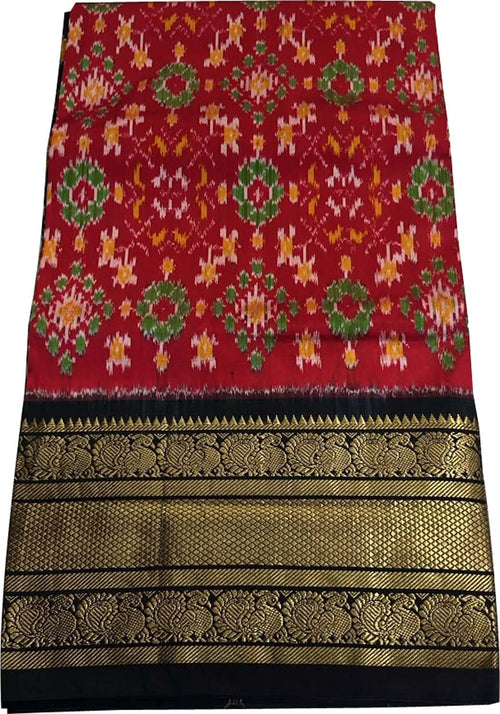 Red Ikat Pure Silk Saree Handloom Woven Kanjeevaram Border