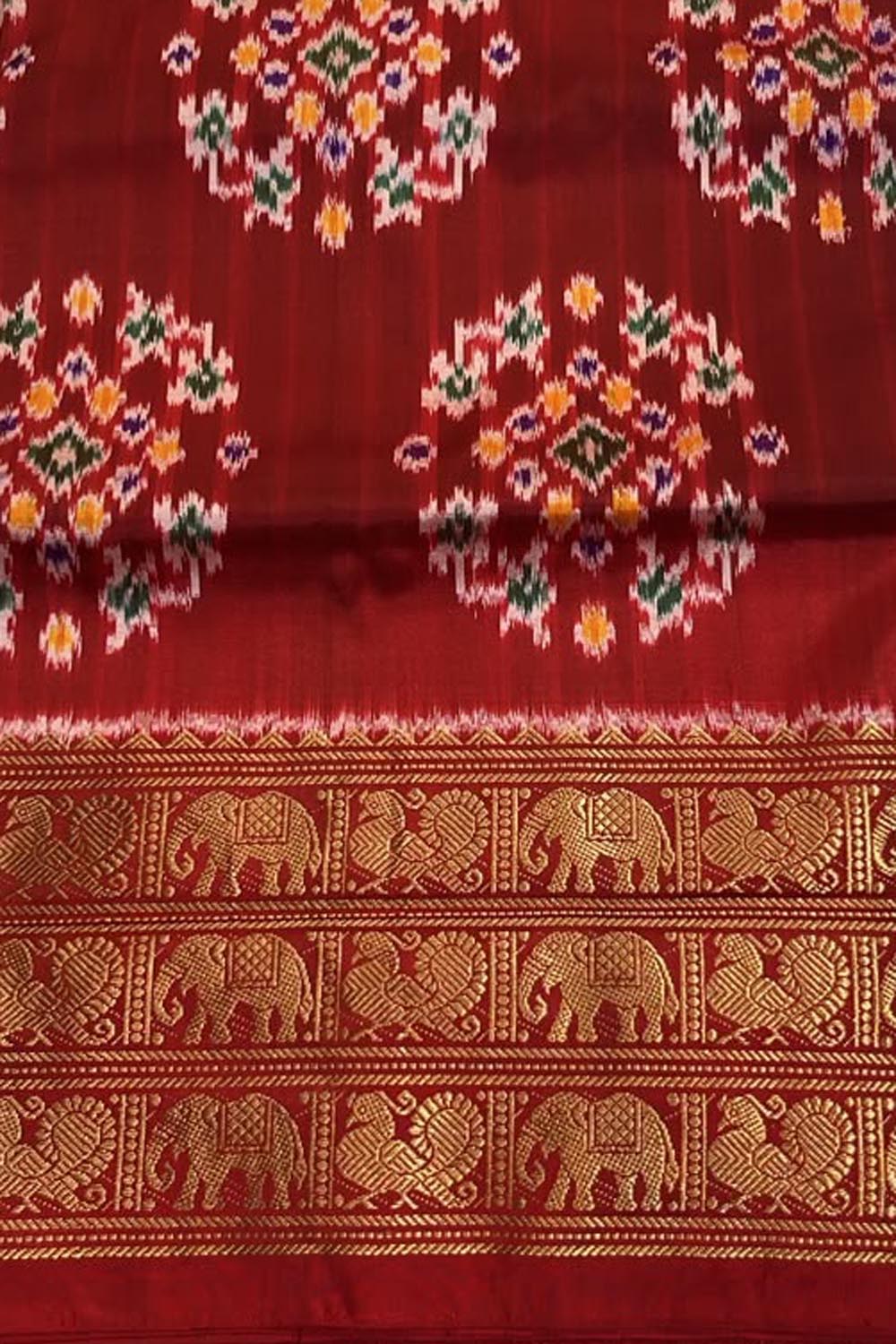 Red Ikat Pure Silk Saree Handloom Woven Kanjeevaram Border