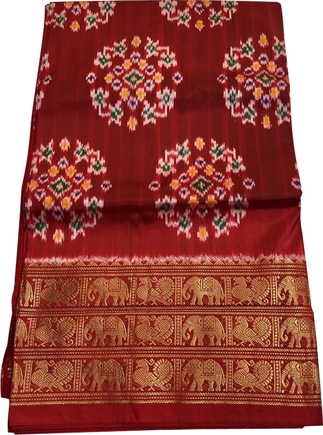Red Ikat Pure Silk Saree Handloom Woven Kanjeevaram Border
