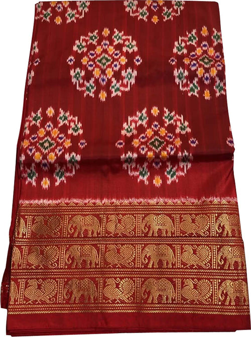 Red Ikat Pure Silk Saree Handloom Woven Kanjeevaram Border