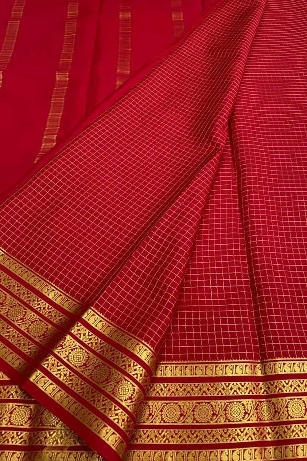 Red Handloom Mysore Pure Crepe Silk Checks Design Saree