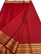 Red Handloom Mysore Pure Crepe Silk Checks Design Saree