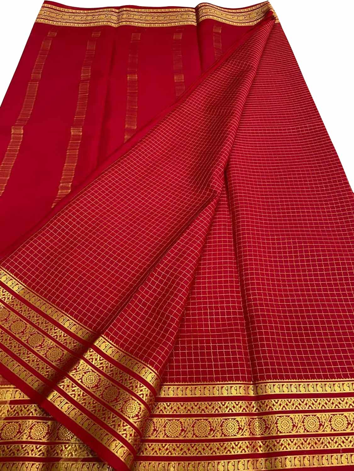 Red Handloom Mysore Pure Crepe Silk Checks Design Saree