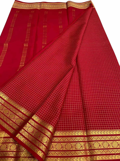 Red Handloom Mysore Pure Crepe Silk Checks Design Saree