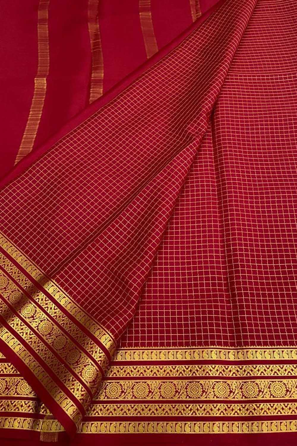 Red Handloom Mysore Pure Crepe Silk Checks Design Saree