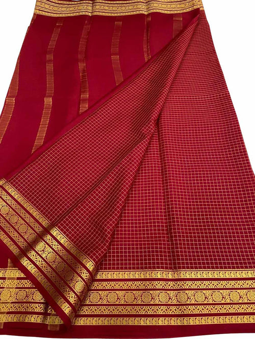Red Handloom Mysore Pure Crepe Silk Checks Design Saree