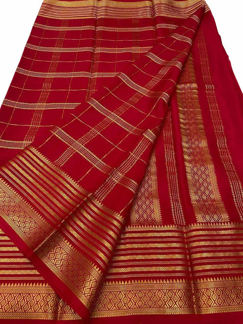 Red Handloom Mysore Pure Crepe Silk Saree