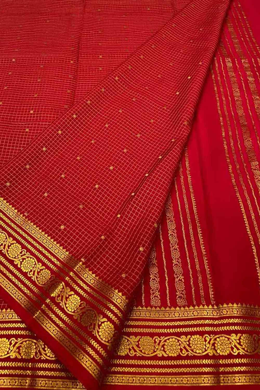 Red Handloom Mysore Pure Crepe Silk Saree