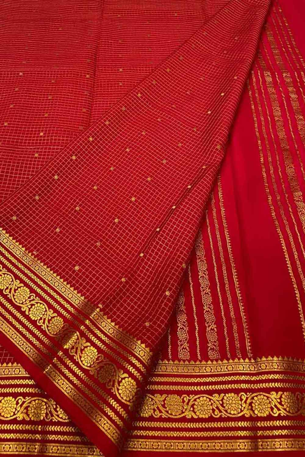 Red Handloom Mysore Pure Crepe Silk Saree