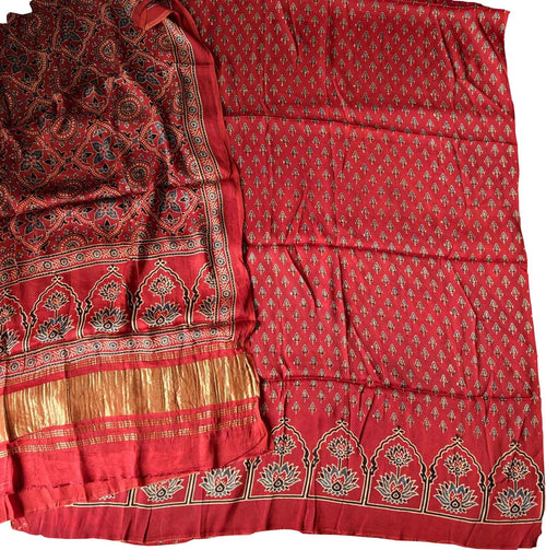 Red Modal Silk Ajrakh Block Print 3 Piece Suit Set
