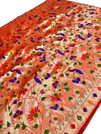 Red Paithani Silk Fabric — Peacock and Flower Design, Festive