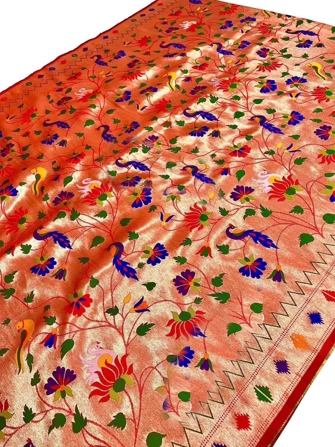 Red Paithani Silk Peacock & Flower Design Fabric