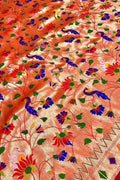 Red Paithani Silk Fabric — Peacock and Flower Design, Festive