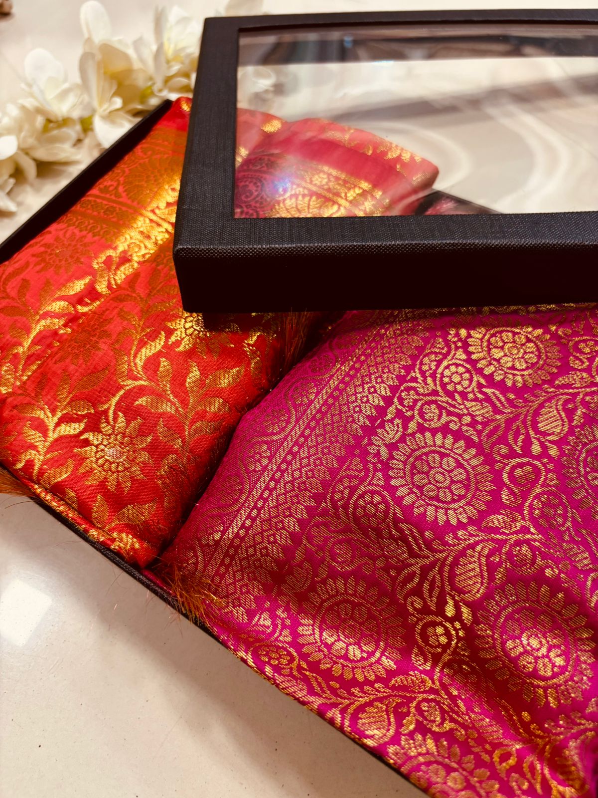 Premium Red and Pink Banarasi Silk Fashion Stole Gift Set of Two Stylish Wrap for Festive | College | Casual | Night Parties - Luxurion World