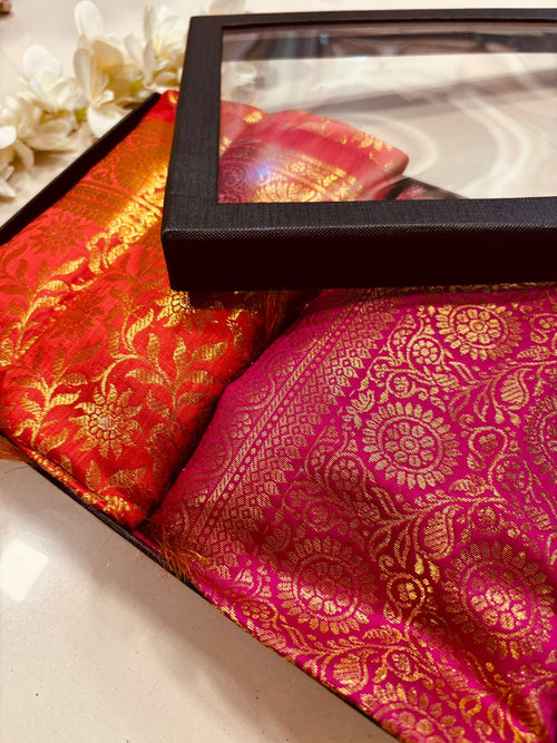 Premium Red and Pink Banarasi Silk Fashion Stole Gift Set of Two Stylish Wrap for Festive | College | Casual | Night Parties - Luxurion World