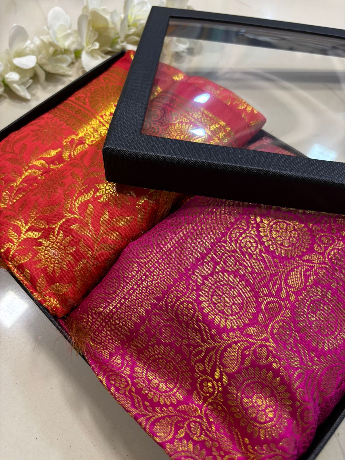 Premium Red and Pink Banarasi Silk Fashion Stole Gift Set of Two Stylish Wrap for Festive | College | Casual | Night Parties - Luxurion World