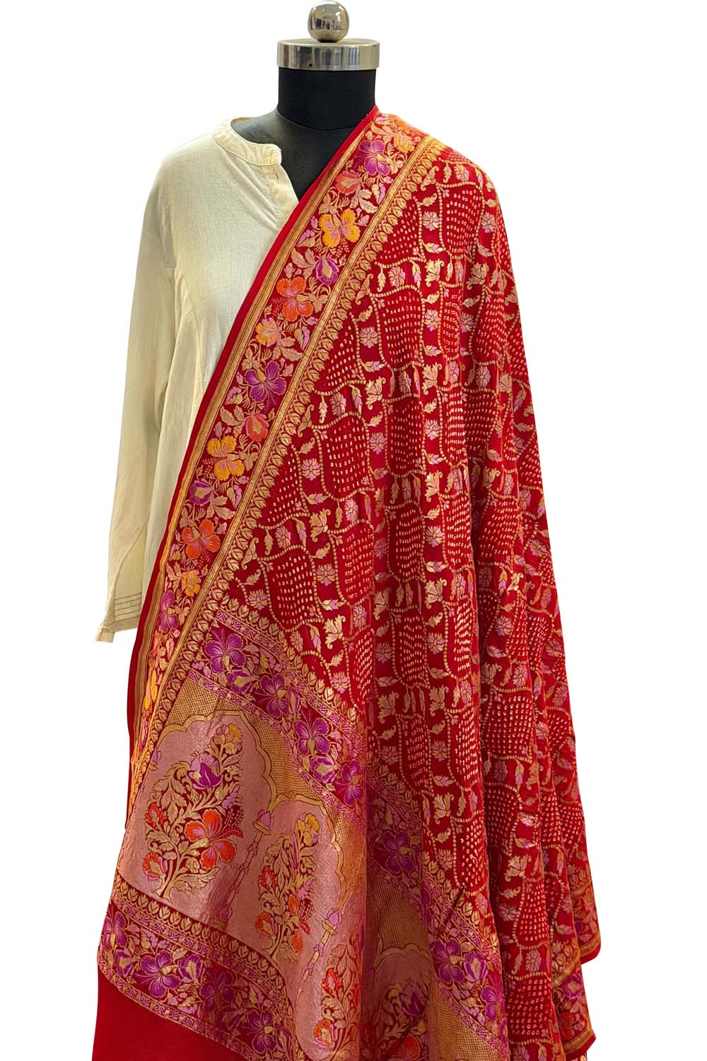 Red Pure Georgette Banarasi Bandhani Meenakari Dupatta