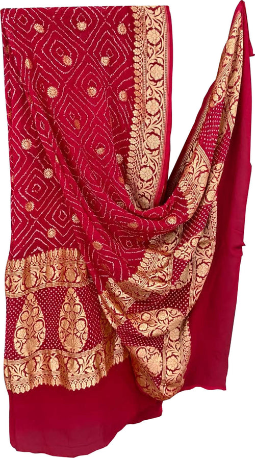 Red Pure Georgette Bandhani Rai Bandhej Dupatta