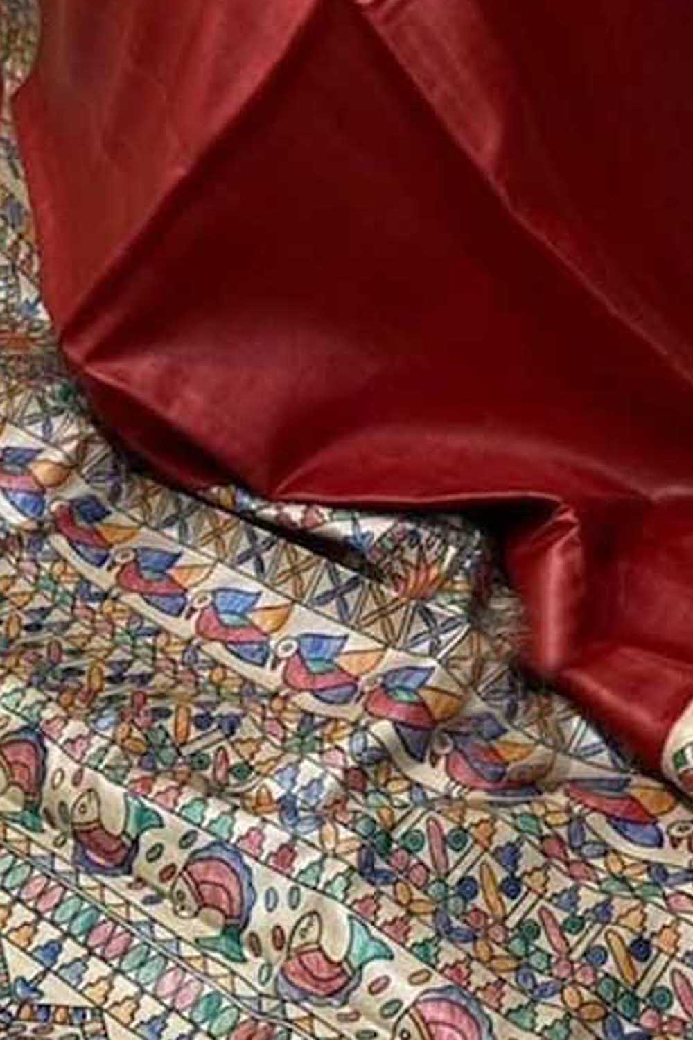Red Pure Tussar Silk Hand Painted Madhubani Saree