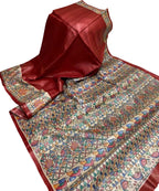 Red Pure Tussar Silk Hand Painted Madhubani Saree