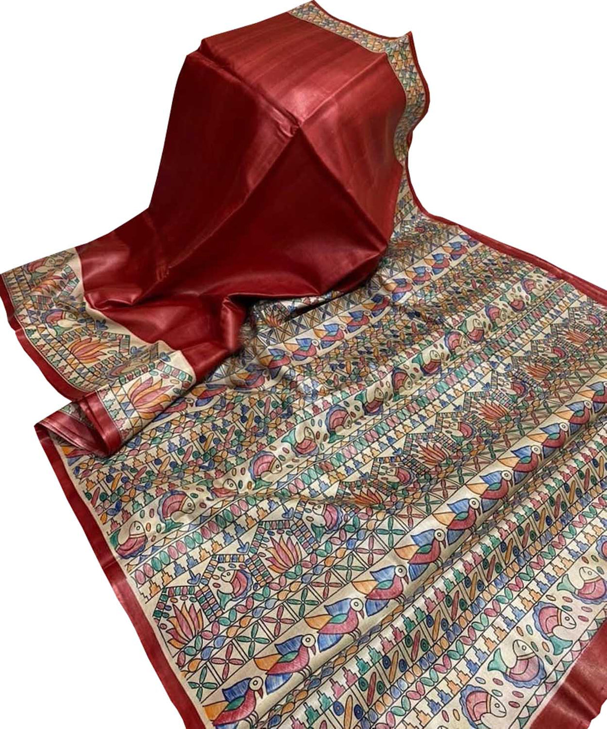 Red Pure Tussar Silk Hand Painted Madhubani Saree