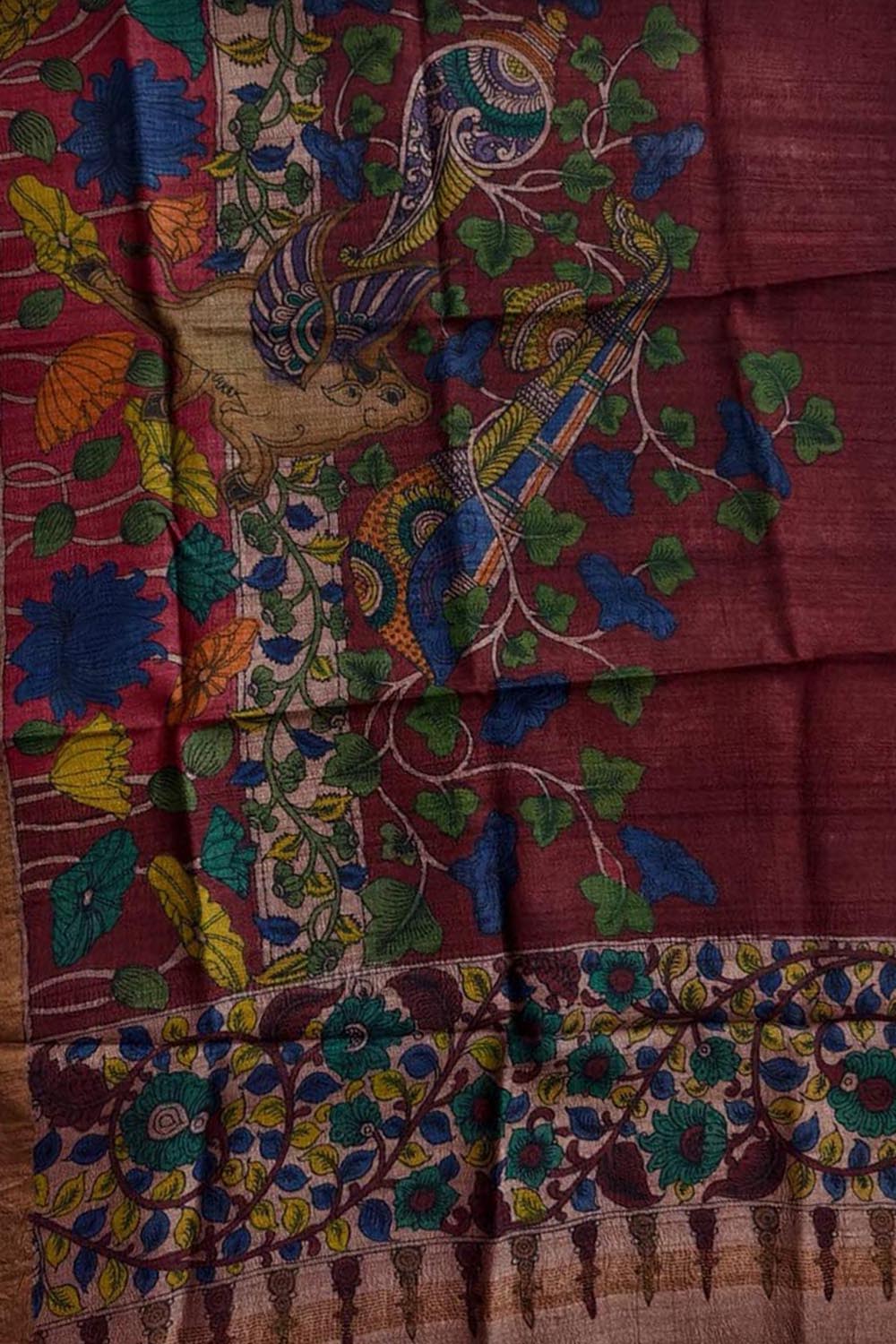 Red Pure Tussar Silk Pen Kalamakari Hand Painted Dupatta