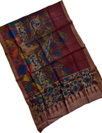 Red Pure Tussar Silk Pen Kalamakari Hand Painted Dupatta