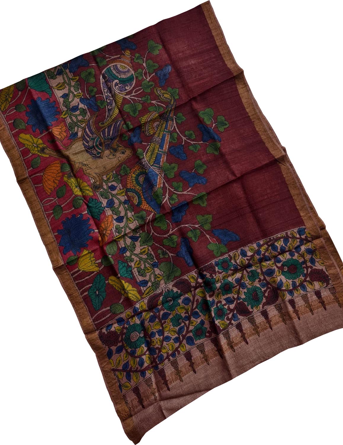 Red Pure Tussar Silk Pen Kalamakari Hand Painted Dupatta
