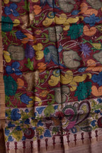 Red Pure Tussar Silk Pen Kalamakari Hand Painted Dupatta