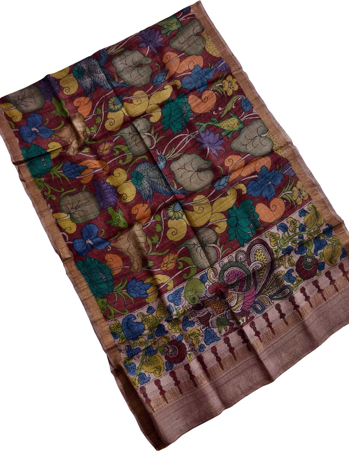 Red Pure Tussar Silk Pen Kalamakari Hand Painted Dupatta