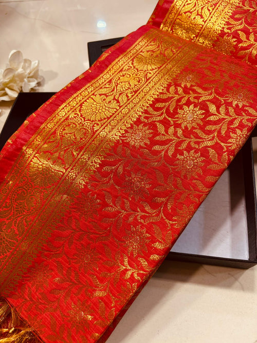 Premium Red Banarasi Silk Fashion Stole Gift Box Stylish Wrap for Festive | College | Casual | Night Parties - Luxurion World