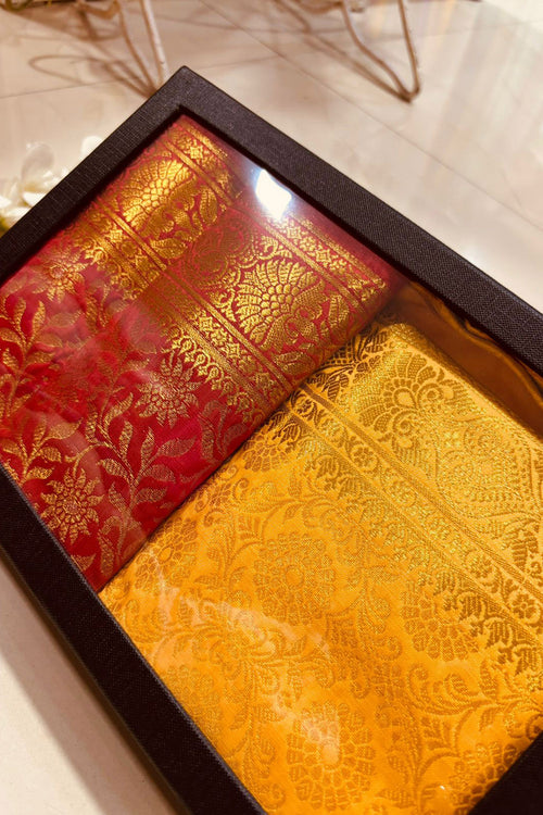 Premium Red and Yellow Banarasi Silk Fashion Stole Gift Set of Two Stylish Wrap for Festive | College | Casual | Night Parties - Luxurion World