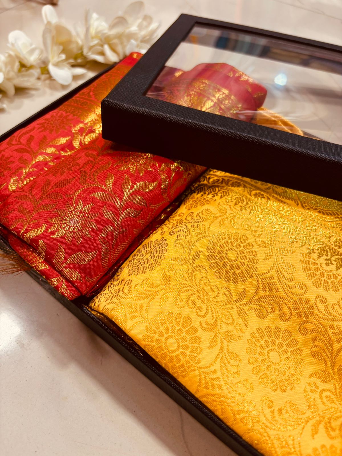 Premium Red and Yellow Banarasi Silk Fashion Stole Gift Set of Two Stylish Wrap for Festive | College | Casual | Night Parties - Luxurion World
